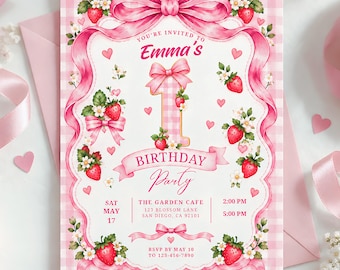 Editable Strawberry Birthday Invitation for Girls, Pink Gingham Bow, First Birthday Canva Template