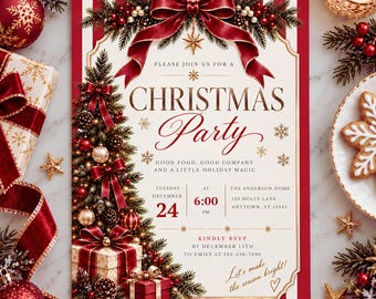 Editable Christmas Party Invitation, Elegant Red Gold Holiday Invite for Families, 5x7 Canva Template