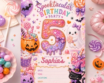 Editable Halloween Birthday card for Girls, Cute Pastel Spooktacular Party Template