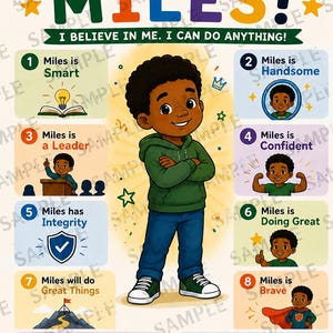 以下が含まれることがあります： 「I AM MILES！」という言葉と「I BELIEVE IN ME. I CAN DO ANYTHING！」というフレーズが書かれたカラフルなポスター。漫画の男の子が中心で、「賢い」、「ハンサム」、「勇敢」などの肯定的な言葉に囲まれています。