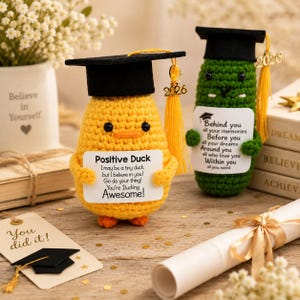 Könnte beinhalten: Zwei gehäkelte Abschlussgeschenke: eine gelbe Ente und eine grüne Kreatur, beide mit schwarzen Mortarboards. Die Ente hält ein Schild mit der Aufschrift "Positive Duck" und die grüne Kreatur hält ein Schild mit inspirierendem Text. Ein Diplom und eine Karte mit "You did it!" sind ebenfalls zu sehen.