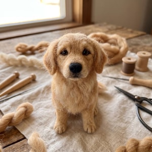 Op de afbeelding: Een naaldgevilte golden retriever puppyfiguur met lichtbruine wollen vacht, donkerbruine ogen en een zwarte neus. Het kleine hondensculptuur is gemaakt met een getextureerd, pluizig uiterlijk en is afgebeeld in een zittende houding.