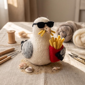 May include: A needle-felted seagull figurine wearing black sunglasses, holding a red container of yellow felt fries, with one fry in its beak. The seagull has white and gray wool textures, and small seashells are placed at its base.
