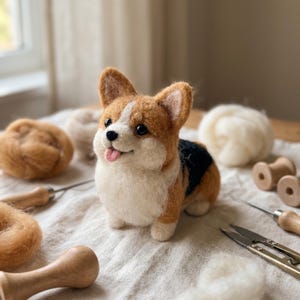 Puede incluir: Una figura de Corgi hecha con fieltro de aguja con pelaje marrón y blanco, una mancha negra en la espalda y una pequeña lengua rosa que sobresale. La figura tiene ojos de cuentas negras y una nariz negra, con un acabado de lana texturizada.