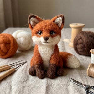 May include: A needle-felted fox figurine with orange, white, and dark brown wool. The fox has large dark eyes, pointed ears with white inner fur, and a bushy tail. It is positioned in a sitting pose with a white chest and dark brown paws.
