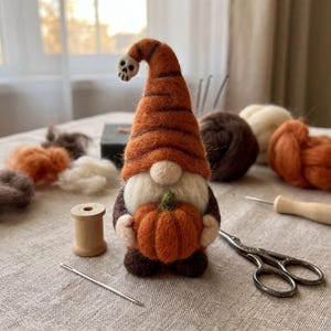 May include: A needle-felted gnome figurine with a tall, orange, striped hat featuring a small white skull at the tip. The gnome has a white beard, dark brown base, and holds a small orange pumpkin. It is surrounded by craft supplies.