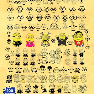 Puede incluir: Una colección de 100 ilustraciones de arte lineal en blanco y negro con varios personajes Minion, incluyendo rostros individuales, figuras de cuerpo completo con disfraces y escenas grupales, sobre un fondo amarillo claro con texto abajo.