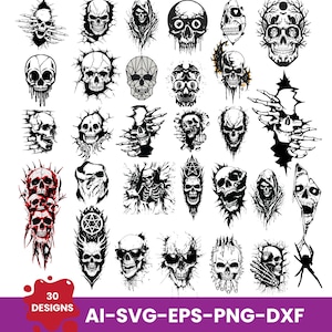 May include: A collection of 30 black and white skull illustrations featuring various artistic styles including skeletal hands, geometric patterns, hooded figures, and pentagrams. The graphic set includes the text 30 DESIGNS AI-SVG-EPS-PNG-DXF.