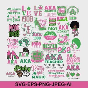 Może przedstawiać: Kolekcja cyfrowych projektów graficznych z różowo-zielonym tekstem i ilustracjami związanymi z Alpha Kappa Alpha, zawierająca frazy takie jak Pretty Girl Magic, Made in 1908 oraz różne symbole, jak szpilki, usta i liście bluszczu.