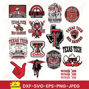 Può includere: Una collezione di design a tema Texas Tech Red Raiders in rosso, nero e bianco. I design includono loghi, illustrazioni di un cowboy, un cavallo e testo come "Wreck 'em" e "Dad". L'immagine include anche il testo "15+ Designs DXF-SVG-EPS-PNG-JPEG".