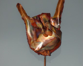 ROCK ON GARDEN sTAKE: Copper garden art metal sculpture.