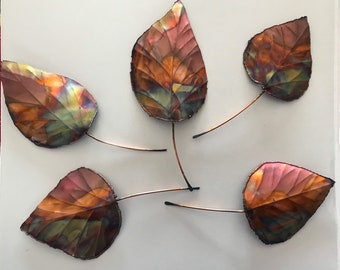 Handcrafted Copper Aspen Leaf Wall Decor, Set of 5