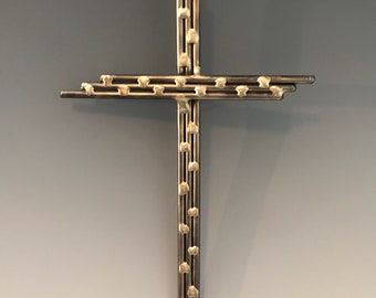 Polished Steel Cross with Bronze Drops, Christian Wall Art (12x6 inch)