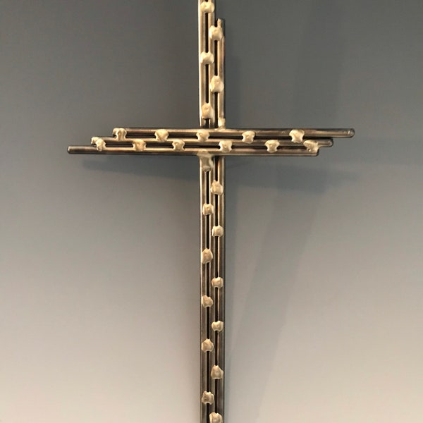 Polished Steel Cross with Bronze Drops, Christian Wall Art (12x6 inch)