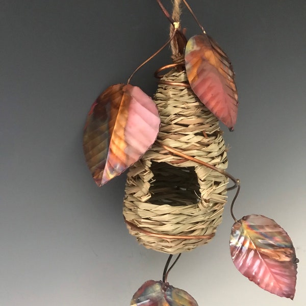Hummingbird House,Copper Hummingbird House,Humming Bird House,Aspen Leaves, Hummingbird,Copper Garden Decor, Garden,Hummingbird Gifts