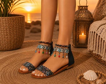 Sandalias gladiadoras bohemias con cuentas para mujer – Zapatos planos de verano estilo romano.
