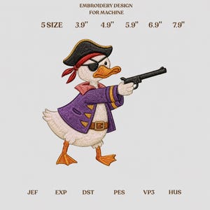Cute Pirate Duck Machine Embroidery Design, Funny Duck Captain Eyepatch Gun Halloween Digital Embroidery File PES