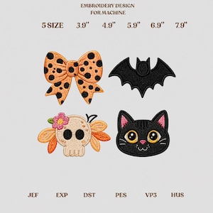 Spooky Halloween Embroidery Bundle Black Cat Skull Orange Bow Bat Machine Embroidery Design Digital Instant Download File PES DST