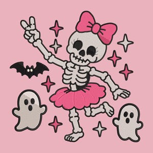 May include: An embroidered design on a light pink background featuring a white skeleton wearing a bright pink tutu and a matching bow, making a peace sign. The scene includes two white ghosts, a black bat, and several pink and white star shapes.