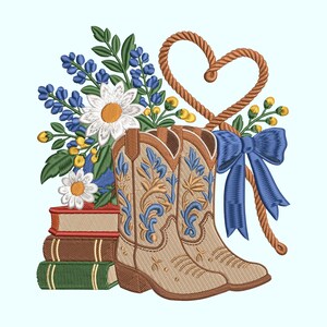 Motif de broderie machine bottes bleues western, livres fleuris, cœur, lasso, ruban, style cowboy, téléchargement numérique instantané, style champêtre