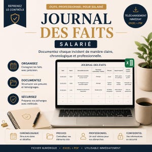 May include: A laptop displaying a digital journal template titled "JOURNAL DES FAITS" with a table format. The image includes a notepad, pen, coffee mug, and a small plant. Text on the screen includes "Document each incident clearly, chronologically and professionally."