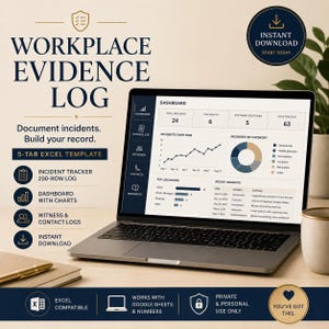 Peut inclure: Un ordinateur portable affiche un "Registre des preuves en milieu de travail" avec des graphiques et des visualisations de données. L'écran montre un tableau de bord avec des statistiques d'incidents. Le design comprend le texte "Téléchargement instantané".