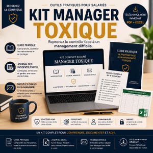 May include: A promotional image for a "Toxic Manager" kit, featuring a laptop, documents, and a mug. The kit includes guides, incident journals, and email templates. Text on the image includes "Understand, Document, Communicate, Act."