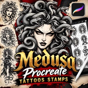 Op de afbeelding: Een digitale illustratie van Medusa met slangen als haar, met een centraal portret en kleinere variaties op perkamentachtige achtergronden. De tekst luidt Medusa Procreate Tattoos Stamps, vergezeld door een tablet met een raster van ontwerpen.