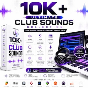 May include: A digital music production sample pack titled 10K+ Ultimate Club Sounds Collection. The white box features purple text and icons for drums, bass, synths, loops, FX, vocals, and presets. A computer monitor, headphones, and keyboard are shown.