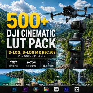 May include: A digital product advertisement for 500+ DJI Cinematic LUT Pack featuring a black drone and a handheld gimbal camera. The text includes D-LOG, D-LOG M & REC.709, and icons for Mavic Pro, Mini 4/5 Pro, and Osmo Pocket 3 with software logos.