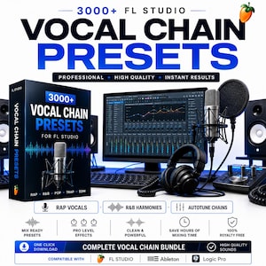 May include: A digital product bundle for FL Studio featuring 3000+ vocal chain presets. The display includes a box with a microphone graphic, a computer monitor showing audio software, a studio microphone, headphones, and audio interface equipment.