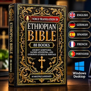 Può includere: Un libro nero intitolato Ethiopian Bible 88 Books con bordi dorati in filigrana ornata e una croce centrale. La copertina presenta testo tra cui Voice Translation In, Ancient Scriptures, Sacred Apocrypha e Ethiopian Liturgical Heritage.