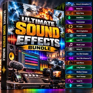 Może przedstawiać: Cyfrowe pudełko produktu zatytułowane Ultimate Sound Effects Bundle z grafiką helikoptera, wybuchu i sceny miejskiej. Po prawej stronie znajduje się pionowa lista kategorii, w tym Atmos, Bonus FX, Demo Song, Downlifters, Downsweeps, FX Loops, Hits, Impacts, Lasers, Music, Noise, One Shots, Short Fills, Sub Effects, Long, Medium, Short Sweeps, Tonal FX oraz Uplifters.