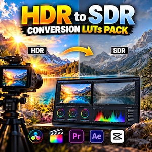 以下が含まれることがあります： HDR to SDR CONVERSION LUTs PACKというテキストが表示されたデジタル製品画像。三脚に設置されたカメラと、山岳風景の比較画面を表示するノートパソコン、およびその下に並ぶ動画編集ソフトウェアのアイコンが写っています。