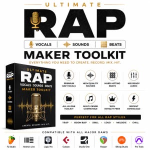 Könnte beinhalten: Eine schwarze Box für das Ultimate Rap Maker Toolkit mit einer goldenen Mikrofon-Grafik. Der Text lautet Ultimate Rap Maker Toolkit, Everything You Need To Create, Record, Mix, Hit. Enthält Symbole für Vocals, Sounds, Beats und DAW-Logos.