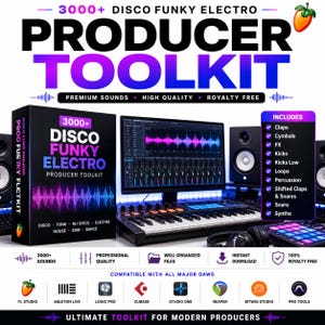 Kit di strumenti per produttori di musica Disco Funky Electro con oltre 3000 elementi: campioni, loop, sintetizzatori, effetti e altro ancora.