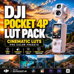 May include: A white DJI Pocket 4P camera with a gimbal-mounted lens and a vertical touchscreen display. The image features text reading DJI POCKET 4P LUT PACK, CINEMATIC LUTS, and PRO COLOR PRESETS, alongside before and after landscape photo comparisons.