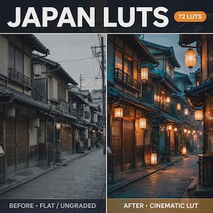 May include: A split-screen comparison showing 72 Japan LUTs for photo editing. The left side displays a flat, desaturated street scene in Japan. The right side displays the same street scene with a warm, cinematic color grade and glowing lanterns.