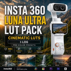 以下が含まれることがあります： ジンバルマウントレンズと背面ディスプレイを備えた白いInsta360カメラ。画像には「INSTA 360 LUNA ULTRA LUT PACK」、「CINEMATIC LUTS」、「I-LOG」、「PRO COLOR PRESETS」というテキストと、4つの風景写真のビフォーアフター比較が含まれています。