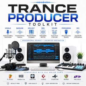 Può includere: Un pacchetto di produzione musicale digitale intitolato Trance Producer Toolkit che include un monitor per computer con software audio, un microfono con filtro pop, due altoparlanti bianchi, una tastiera MIDI e delle cuffie.