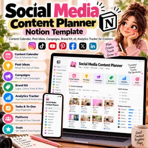 Könnte beinhalten: Eine digitale Social Media Content Planer Notion-Vorlage auf einem Laptop- und Smartphone-Bildschirm. Die Benutzeroberfläche enthält Bereiche für einen Inhaltskalender, Post-Ideen, Kampagnen, Marken-Kit, Analysen und Ziele.
