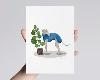 Whippet, Dog, art print, illustration, Whippet gift, for dog lovers, sight hound, house plant lover, dog art, Whippet art print