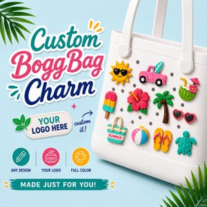 May include: A white tote bag featuring various colorful summer-themed charms including a sun, pink truck, coconut drink, hibiscus flower, palm tree, popsicle, beach bag, beach ball, flip-flops, heart sunglasses, and a sea turtle.