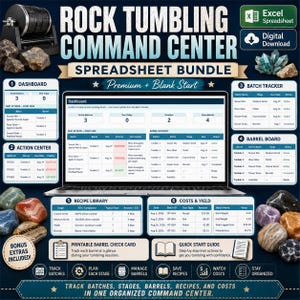 May include: A digital rock tumbling command center spreadsheet bundle displayed on a laptop screen, featuring a dashboard, batch tracker, barrel board, recipe library, and cost analysis tools, surrounded by various polished rocks and stones.