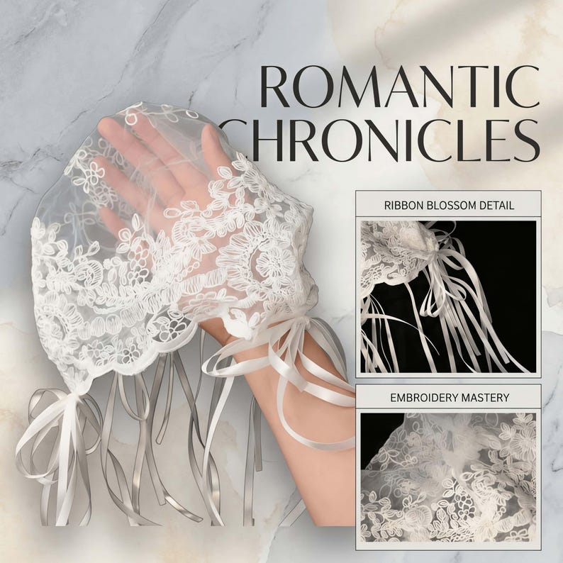 May include: A white sheer lace head covering featuring intricate floral embroidery and multiple hanging satin ribbons. The text ROMANTIC CHRONICLES appears at the top, with inset boxes labeled RIBBON BLOSSOM DETAIL and EMBROIDERY MASTERY.