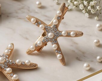 Guldfärgad sjöstjärna hårspänne med pärlor och strass – Vintage strandbröllopsaccessoar