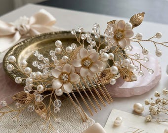 Gold Braut Haarkamm, handgemachte Perle Hochzeit Haarteil, Kristall Blumen Braut Kopfschmuck, Brautjungfer Haarschmuck, Hochzeit Accessoires