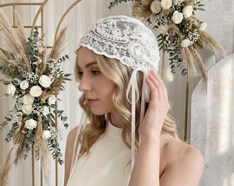 Krämfärgad spetshatt Juliet-mössa: Vintage tyllhuvudbonad med band, alternativ till brudslöja