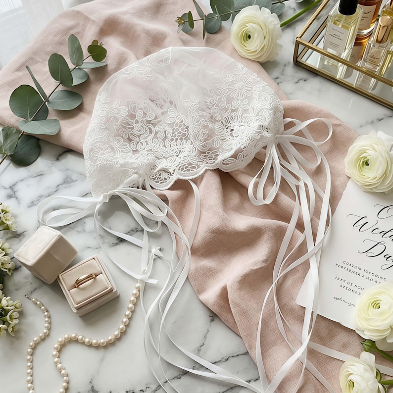 May include: A white lace bonnet featuring intricate floral embroidery and long, thin white satin ribbons for tying. The delicate headpiece is crafted from sheer fabric with scalloped edges, designed to be secured with the attached ribbon ties.