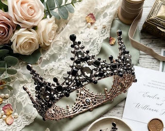 Gothic Black Crystal Crown, Vintage Bronze Tiara, Smoky Quartz Queen Headpiece